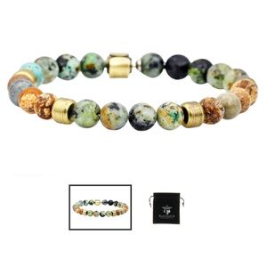 Men’s Genuine African Turquoise And Jasper Gold Stainless Steel Beaded Bracelet